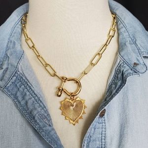 Gold Large Heart Pendant Necklace, Shackle Carabiner Necklace, Boho Retro Choker